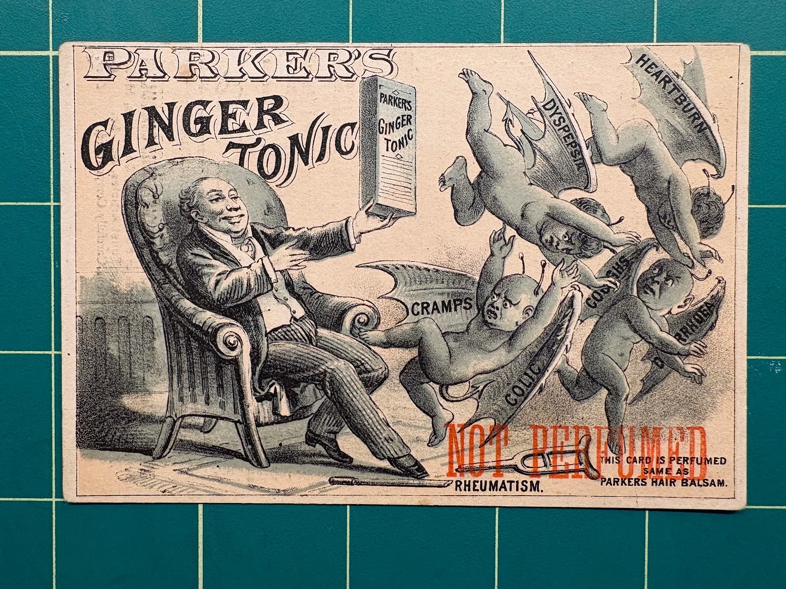 Parker\'s Ginger Tonic trade card - demons fleeing since he is using Parker\'s