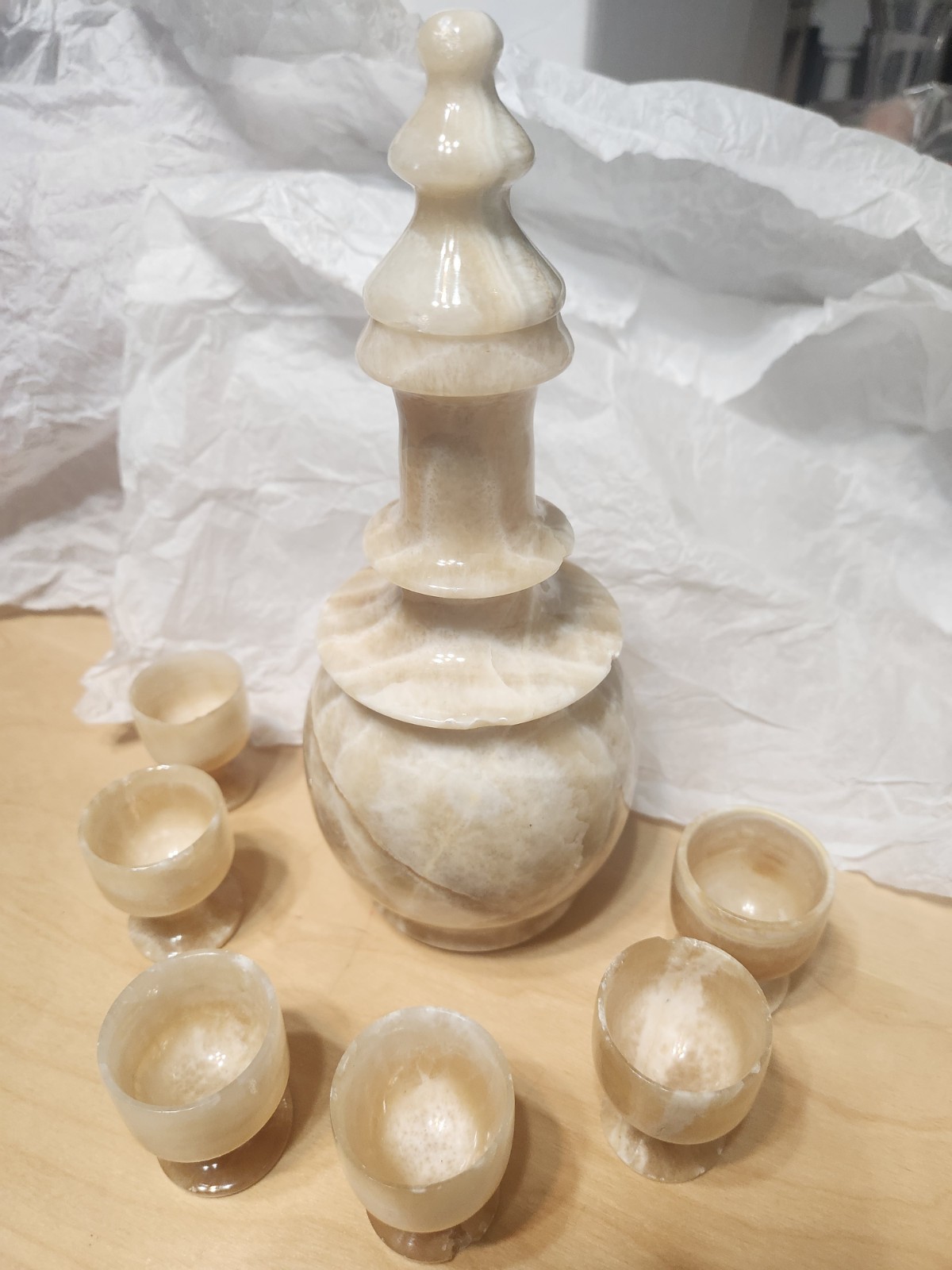 vintage hand-carved honey-and-cream onyx stone liqueur and decanter set
