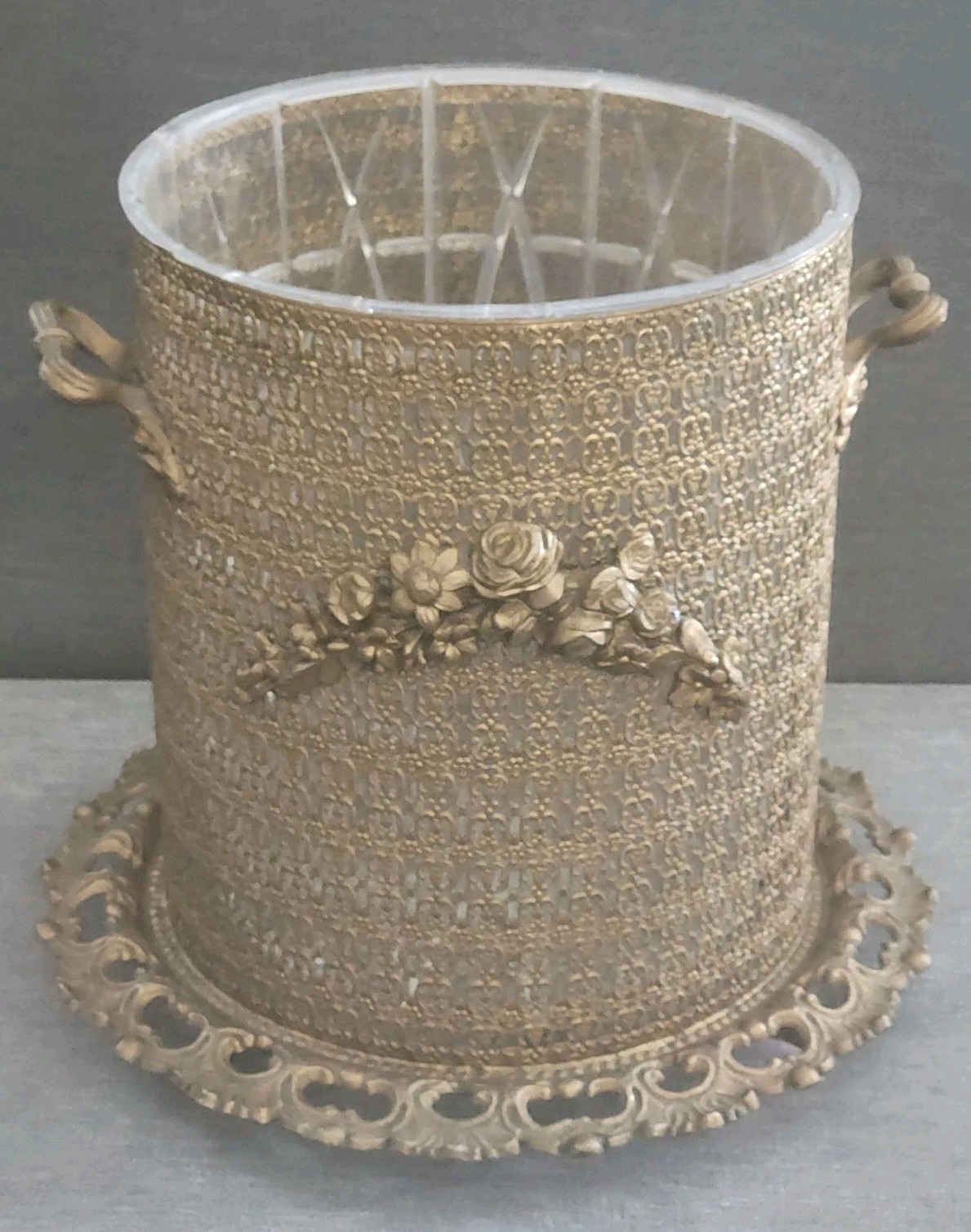Vtg MCM Hollywood Regency Ormolu Wastebasket On Footed Base Plate Liner VGC 
