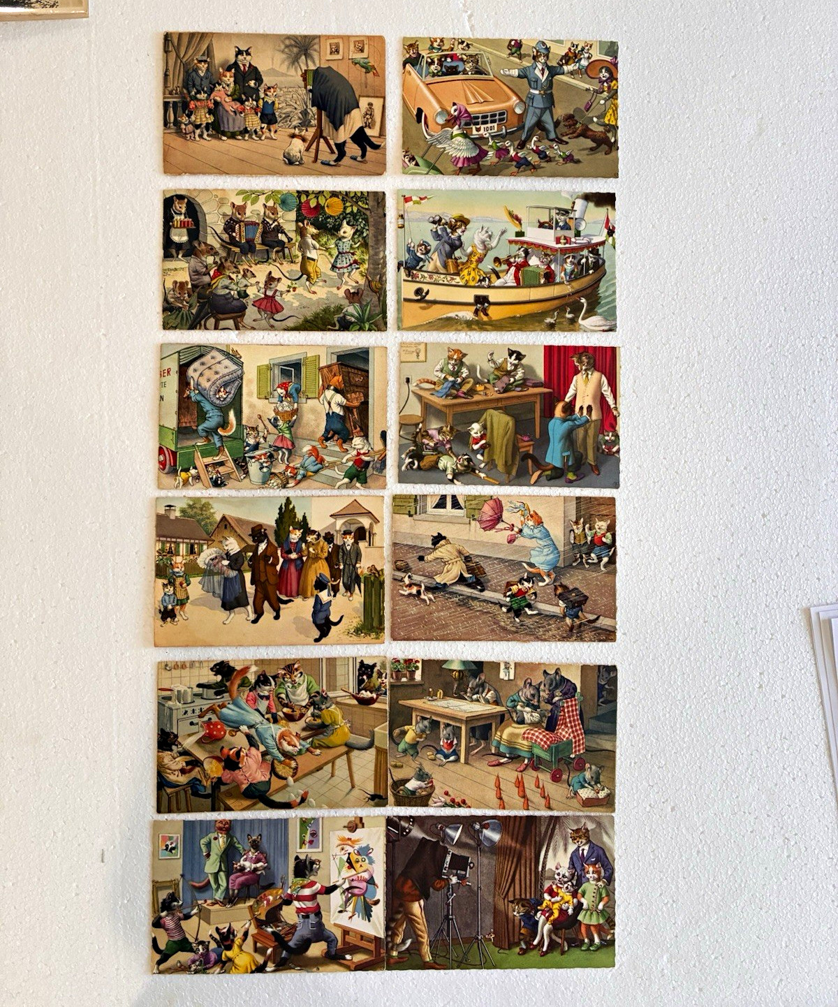 Vintage Illustrated Anthropomorphic Cat Postcards Lot - Humorous Scenes