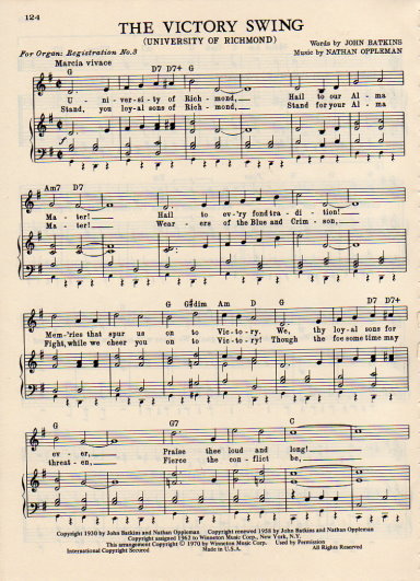 UNIVERSITY OF RICHMOND Vintage Song Sheet c 1970 \