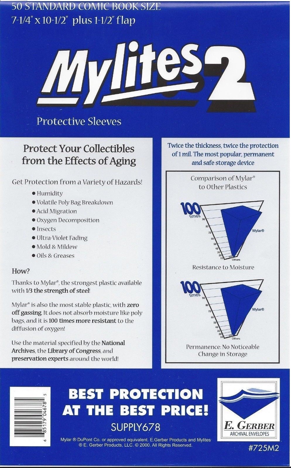 50 Mylites2 STANDARD SIZE 2 mil Mylar Archival Comic Sleeve Bag E. Gerber 725M2
