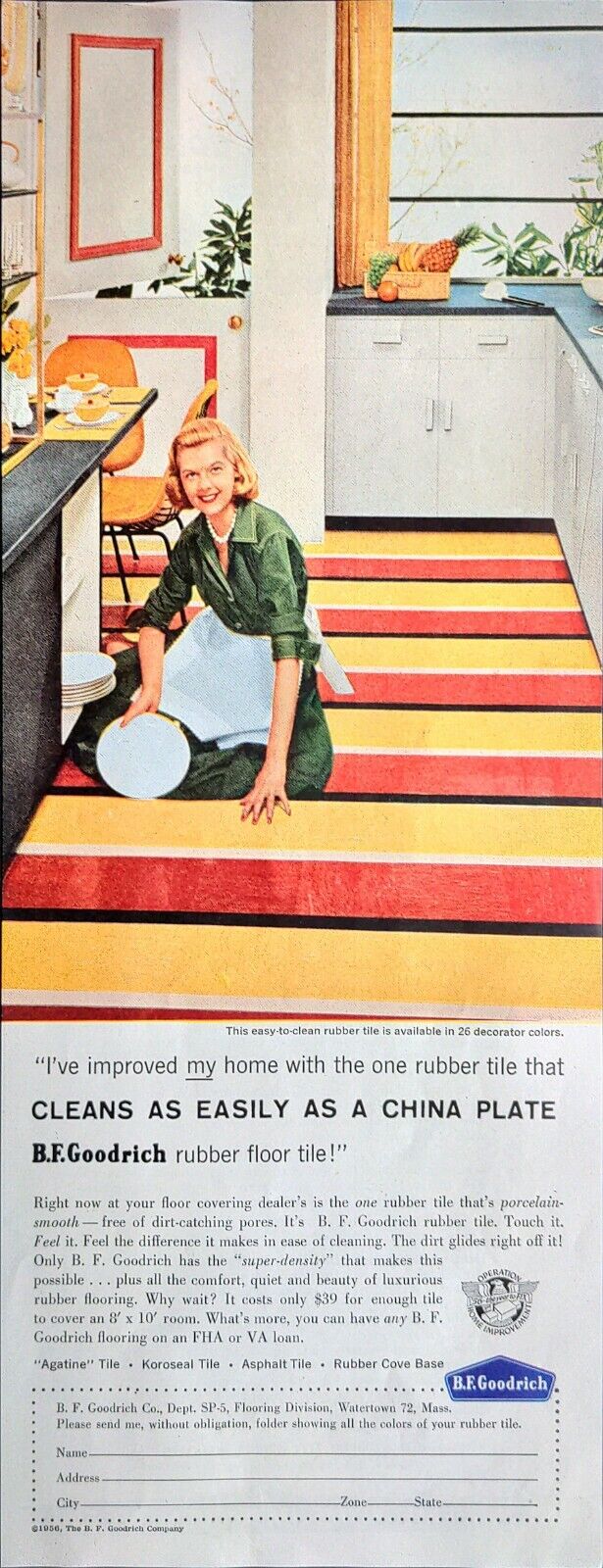 1956  B.F, GOODRICH Rubber Floor Tile Easy Clean As China Plate Vintage Print Ad
