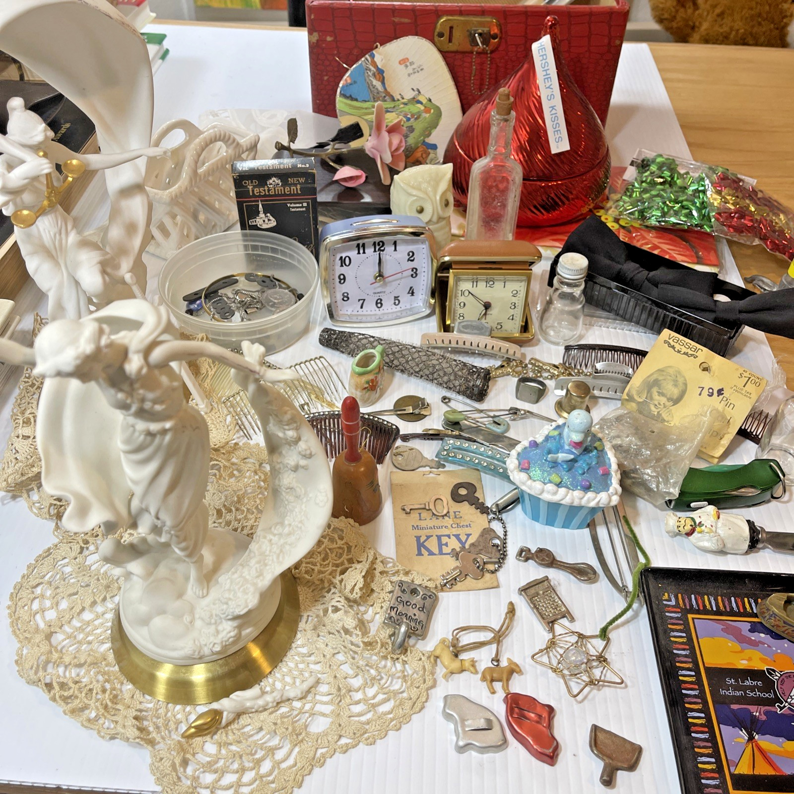Grandmas Vintage Estate Junk Drawer Lot Franklin Mint Clocks Jewelry Keys granny