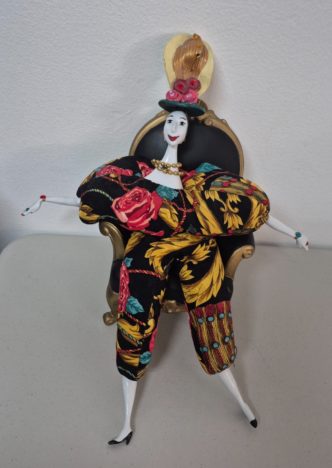 Poupees by Isabelle Porcelain & Fabric Art Doll with Chair — Whimsical Headdress