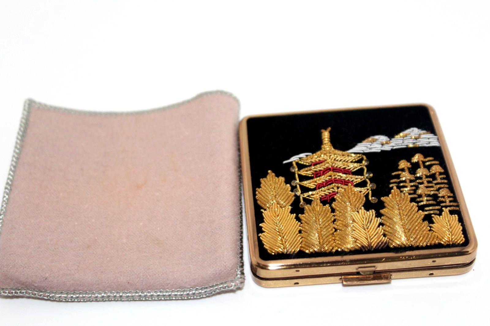 Vintage Queen Star Japanese Embroidered Compact Powder Mirror Makeup Case