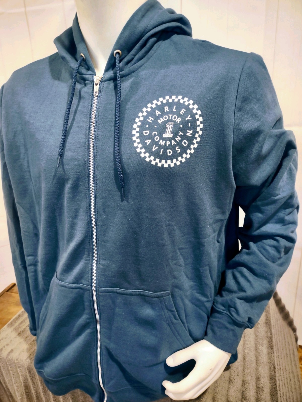 Harley Davidson Motor Company #1 Men's Motorcycle Blue Full Zip Hood Jacket XL
