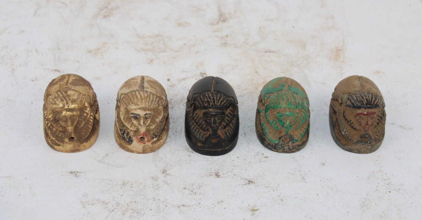 5 RARE ANCIENT EGYPTIAN ANTIQUE SCARAB Stone Human Face Tomb Protect (A2)