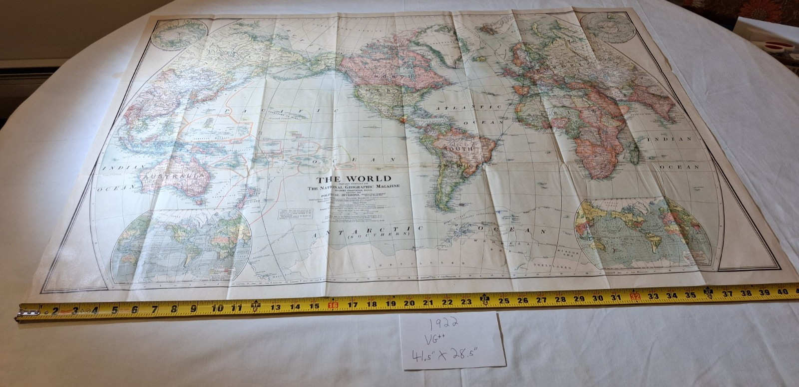VG++ RARE antique 1922 THE WORLD map National Geographic original 41.5