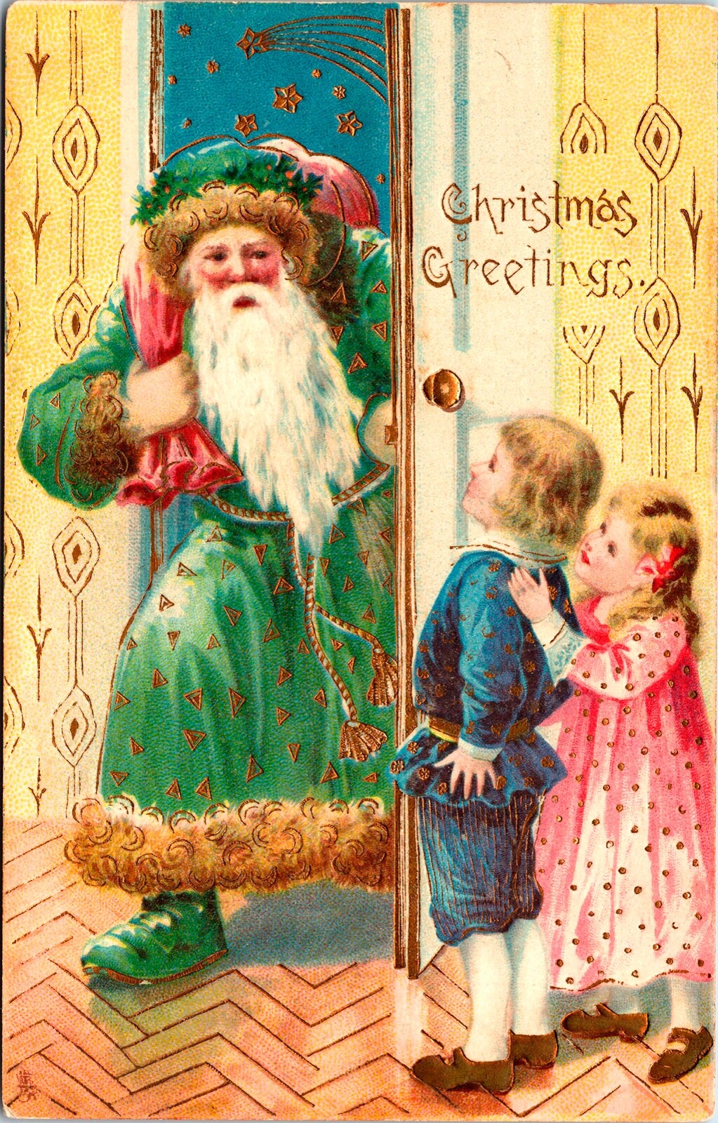 Vintage Tuck's Santa Claus in Green Robe/Boots, Pink Toy Bag, Christmas Postcard