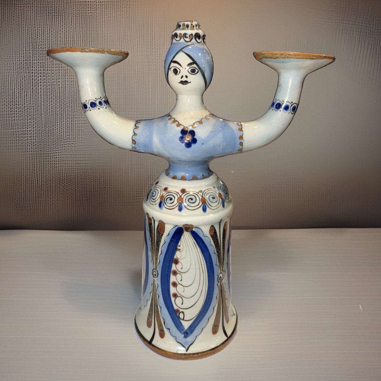 Vtg 14in El Palomar Ken Edwards Pottery Mexico Handpaint 2 Arm Female Candleabra