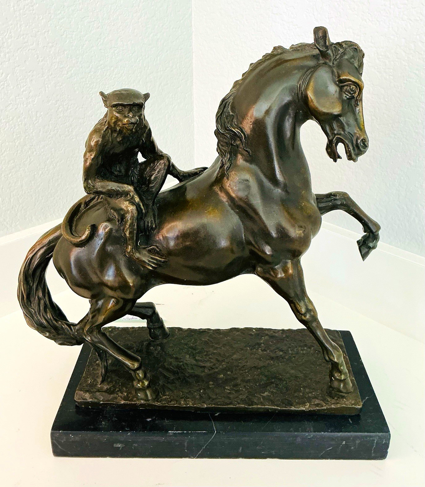 Bronze Tone Patina Monkey Riding Horse Figurine on Black Marble Base