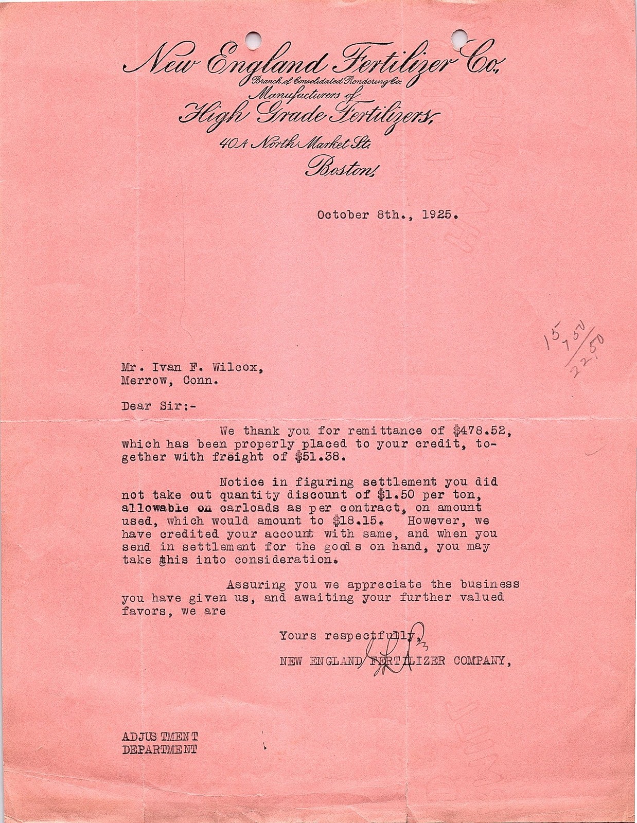 Vintage 1925 New England Fertilizer Co. letterhead