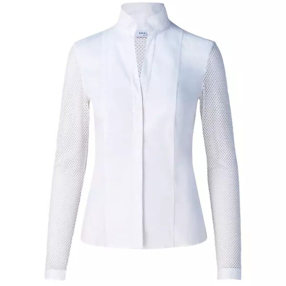 Akris Punto Elements Women\'s Size 12 Mesh Sleeve Long Sleeve Blouse White Luxury