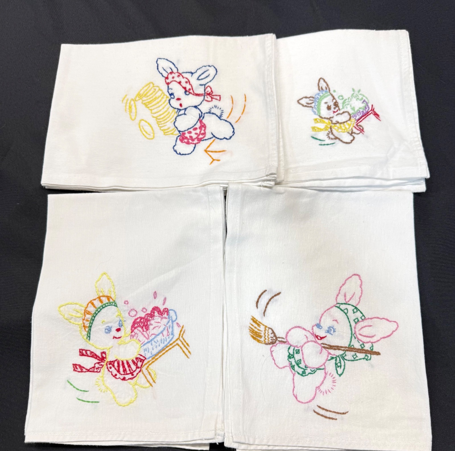 Vintage Hand Embroidered Flour Sack Towels Playful Anthropomorphic Bunny Designs