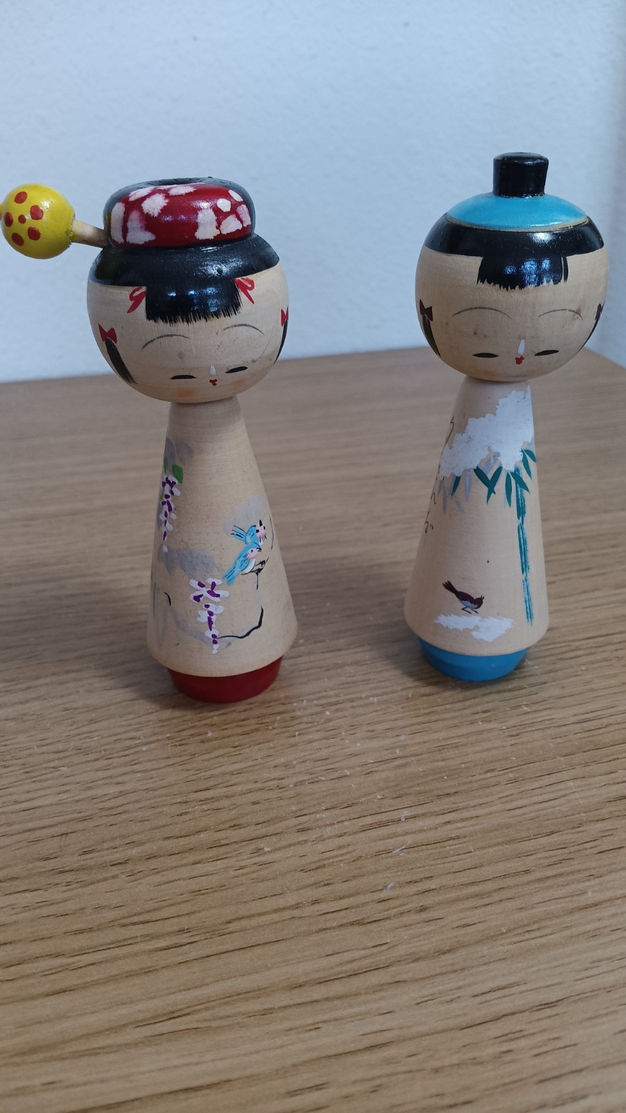Vintage Japanese Kokeshi Dolls Pair Of 2 Red Blue Handpainted Wooden Bobble Head