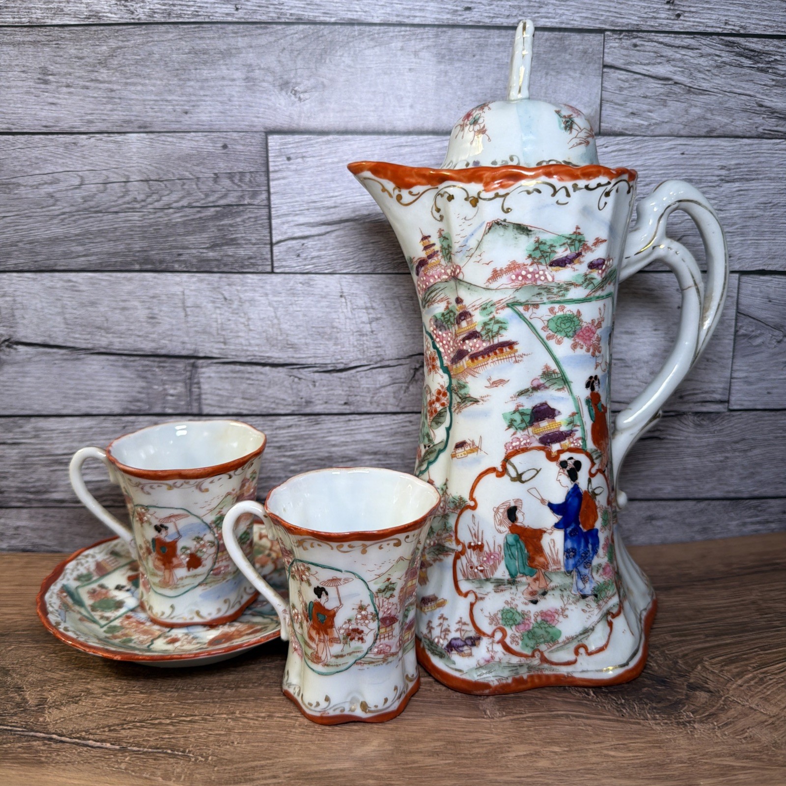 Vintage Japanese Kutani Geisha Girl Tall 9.5” Chocolate Pot Cups Saucer Set