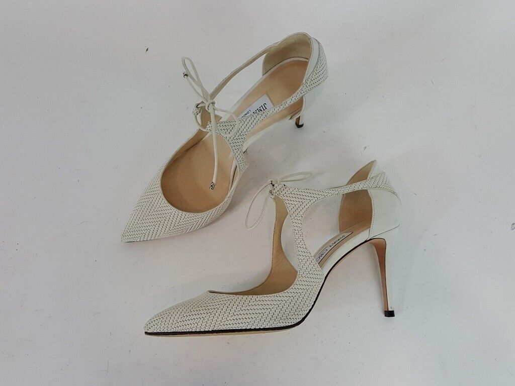 Jimmy Choo Vanessa 85 Tied Pumps Eggshell Ivory Weave Texture Size 38.5