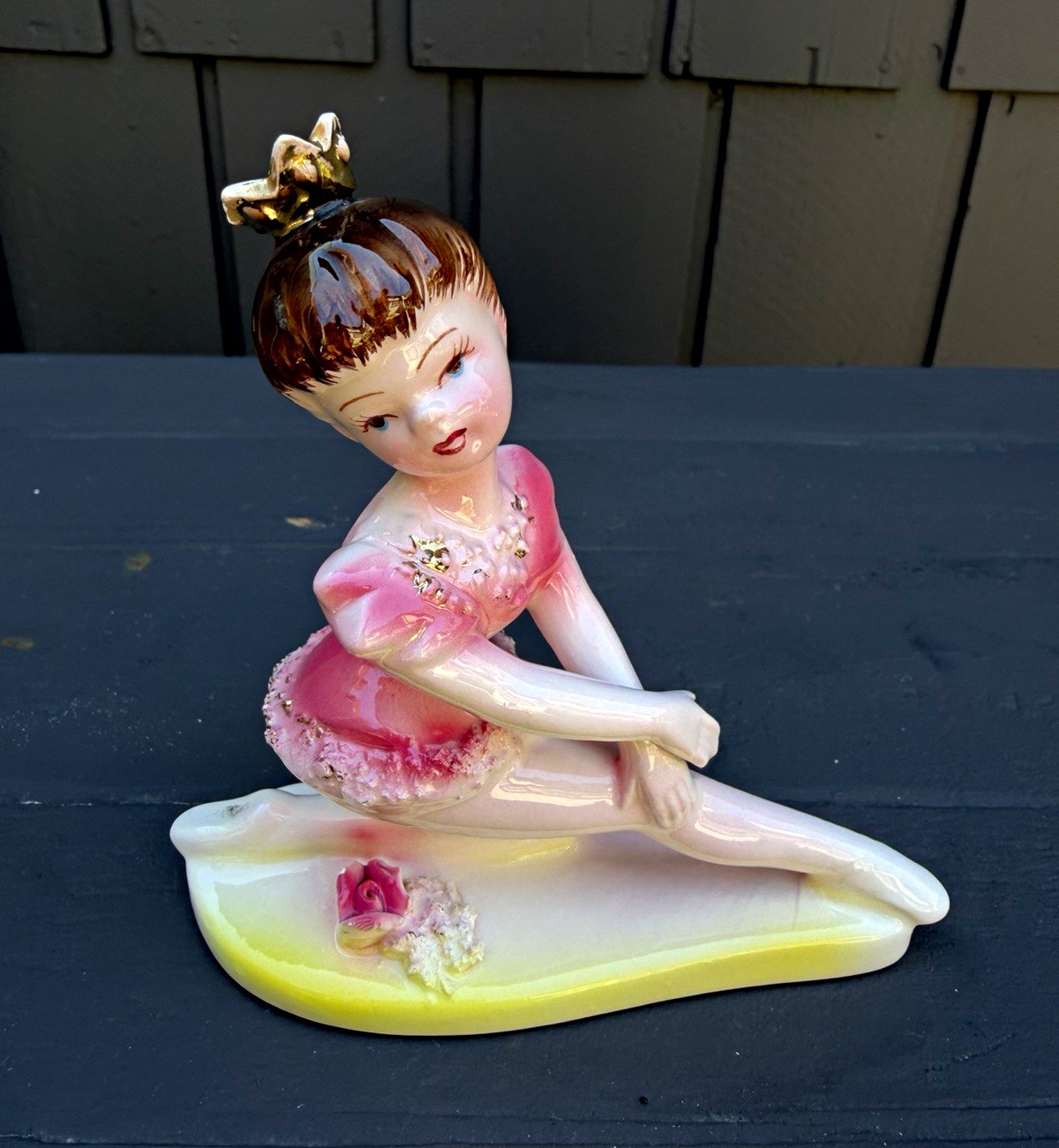Vintage Mid Century Ceramic Ballerina Figurine Pink Tutu Hand Painted 4in
