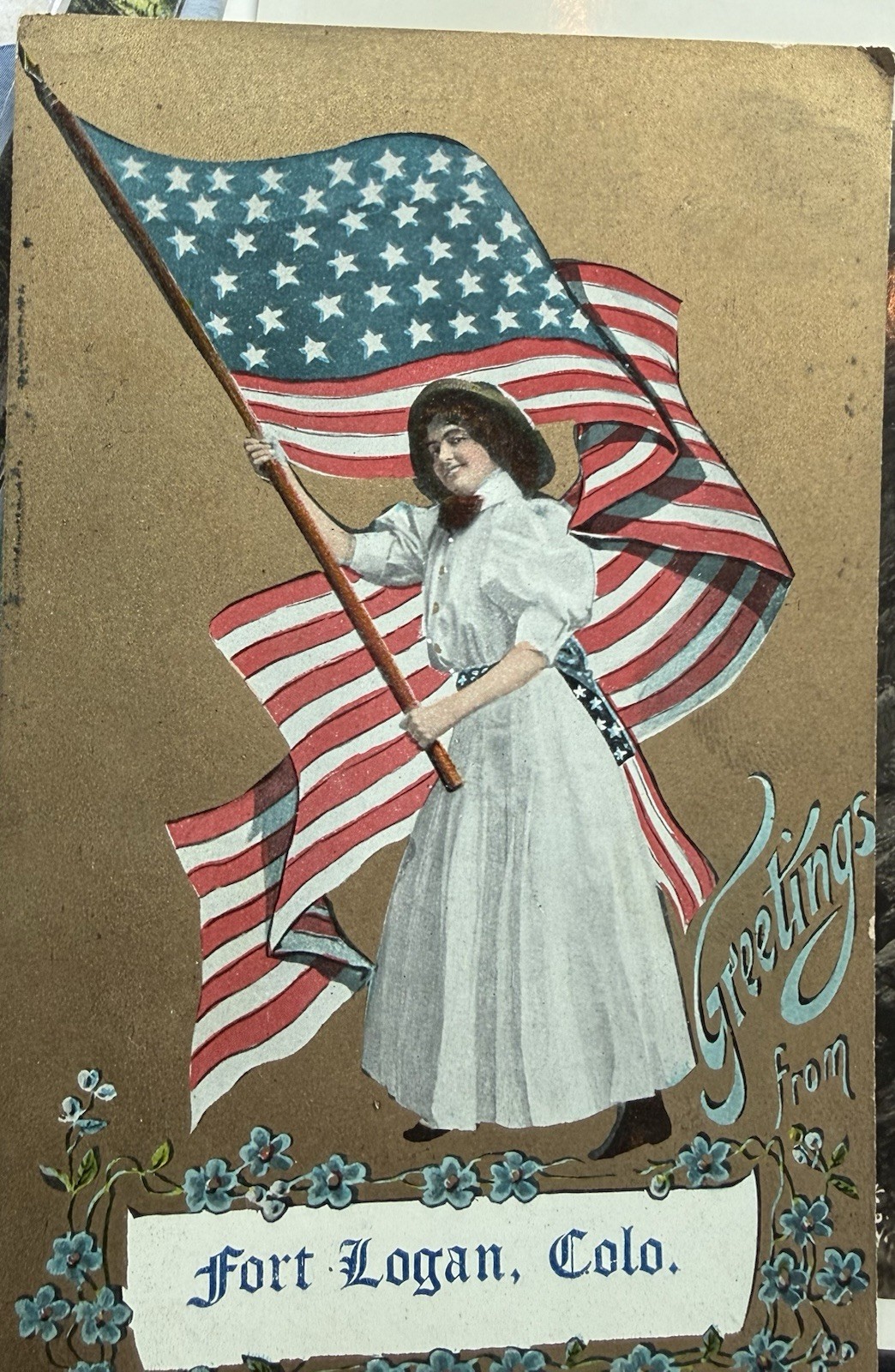RARE VINTAGE PATRIOTIC POSTCARD US FLAG GREETINGS FROM FORT LOGAN COLORADO