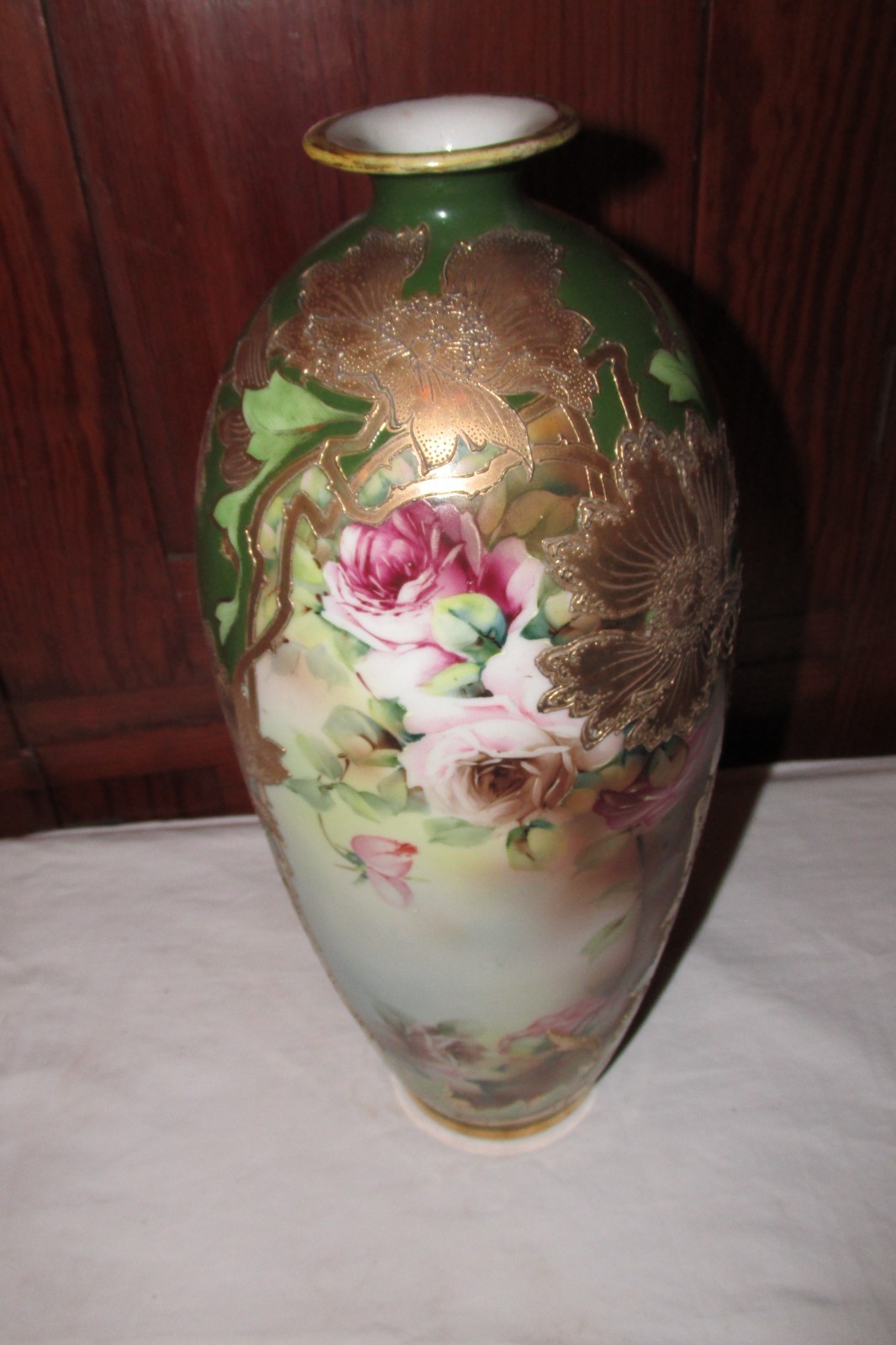 Vintage 14 Inch Tall Mikado Japan Hand Painted Vase Roses and Gilt Gold Nice
