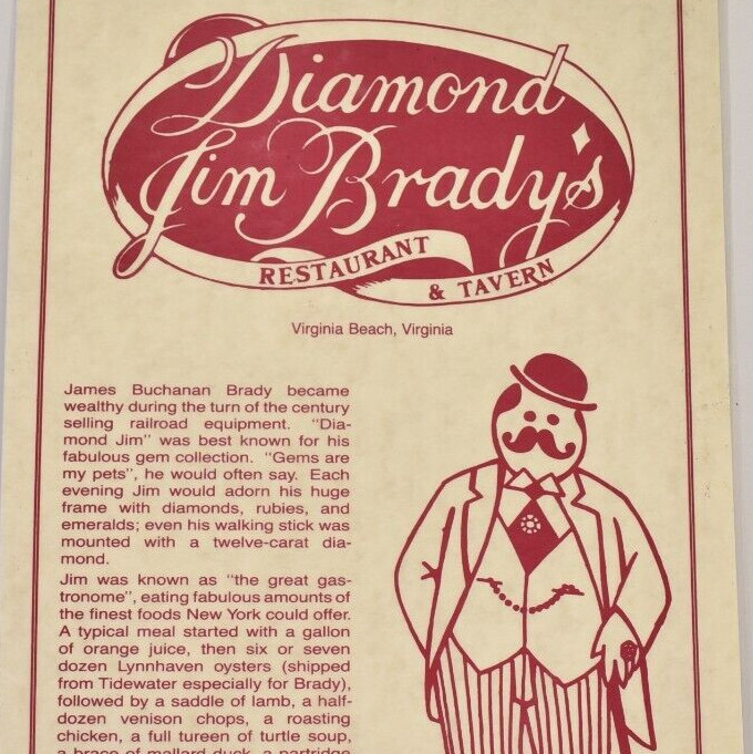 1988 Diamond Jim Brady's Restaurant Tavern Menu Laskin Road Virginia Beach VA