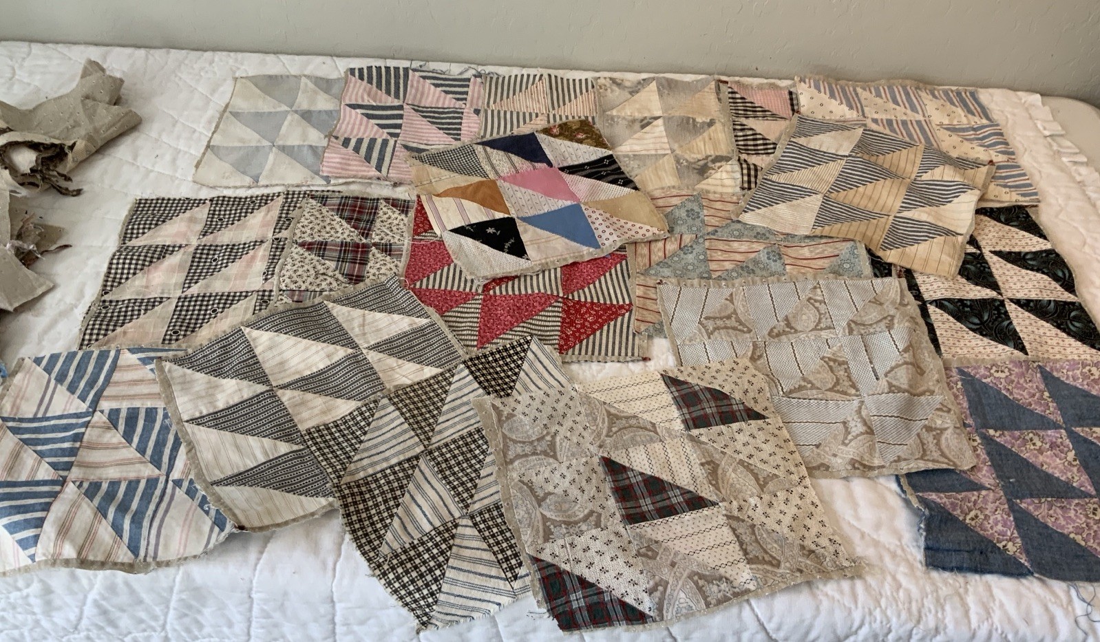 Antique Patchwork Quilt Blocks, 19, Nine Patch W/ Triangles, Calicos, Multi