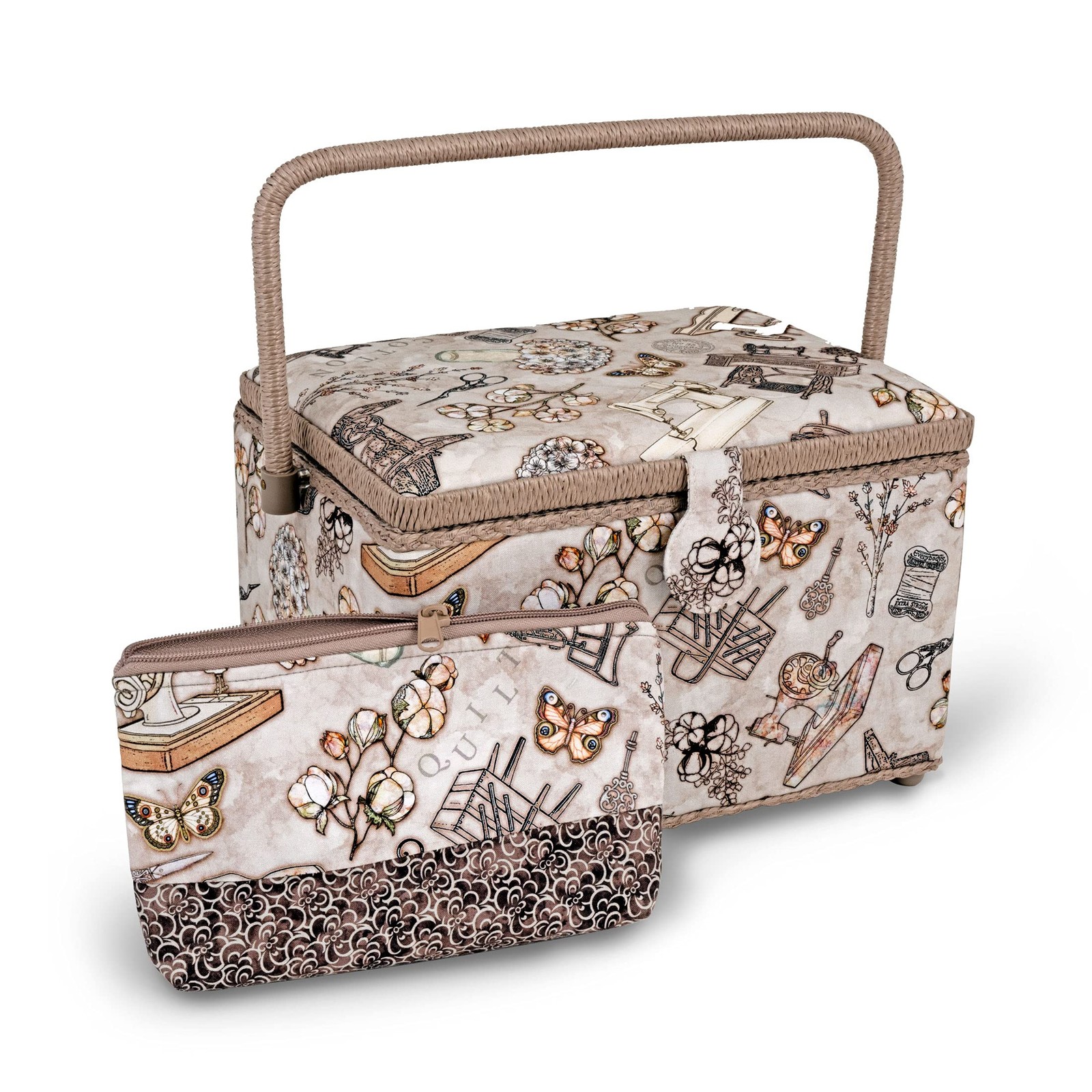 Large Vintage Inspired Sewing Basket with Accessory Case and Organizer Tray