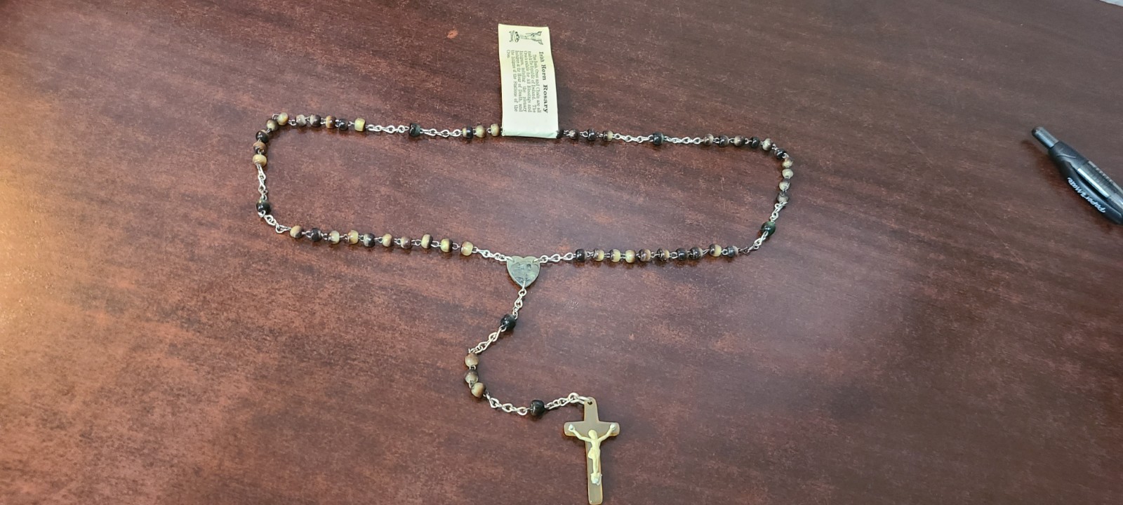 Vintage Old Irish Rosary Cattle Horn Bead Heart Center Piece Catholic Cross Pray