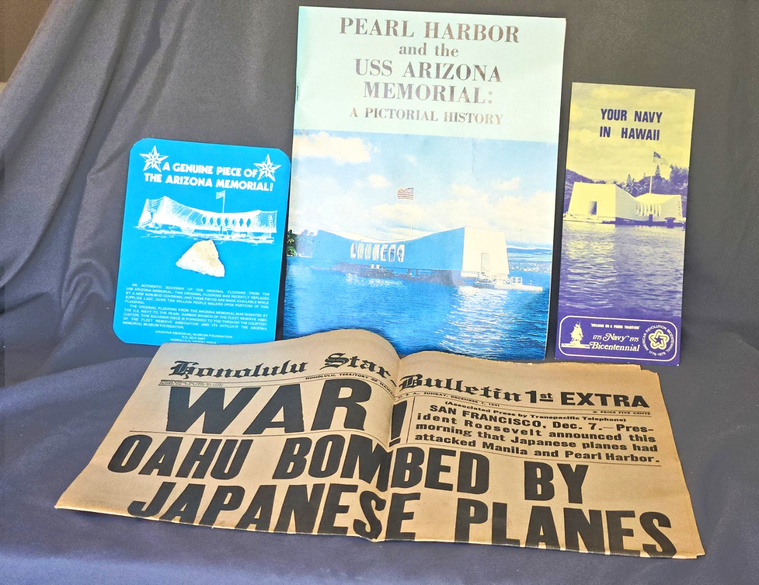 Vintage Pearl Harbor Souvenir Lot 1970s USS Arizona Flooring Piece Newspaper