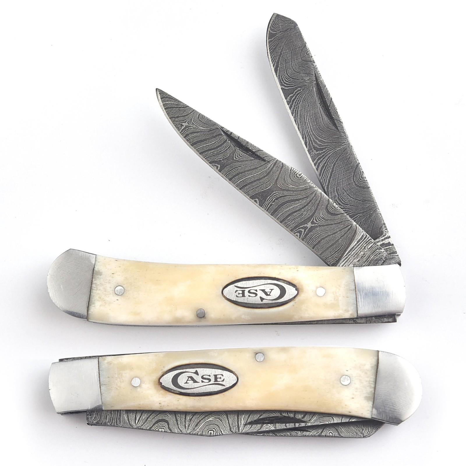 Trapper Pocket Knife – CAMEL BONE Handle – Dual Blade–Damascus Steel Folding-USA