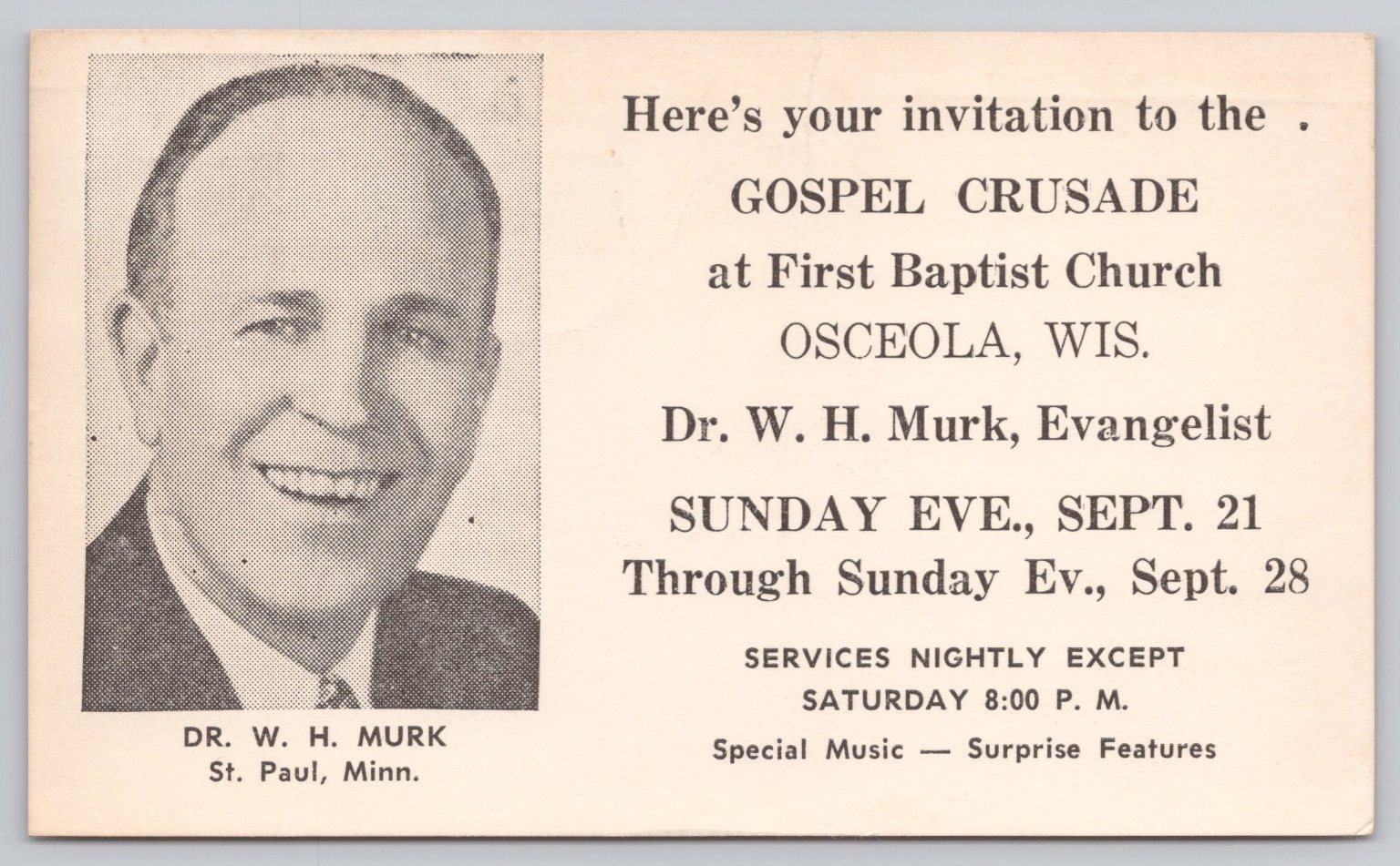 1958 Gospel Crusade Invitation Postcard Osceola Wisconsin Dr. W. H. Murk