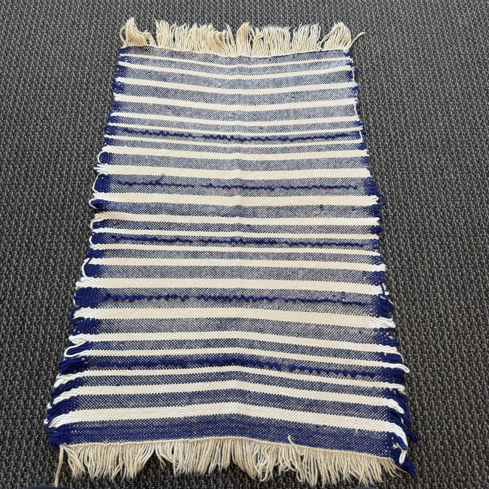 Mexican Artisan Handwoven Flatweave Rug Runner Blue Stripes Fringe 39.5 Mexican Artisan Handwoven Flatweave Rug Runner Blue Stripes Fringe 39.5