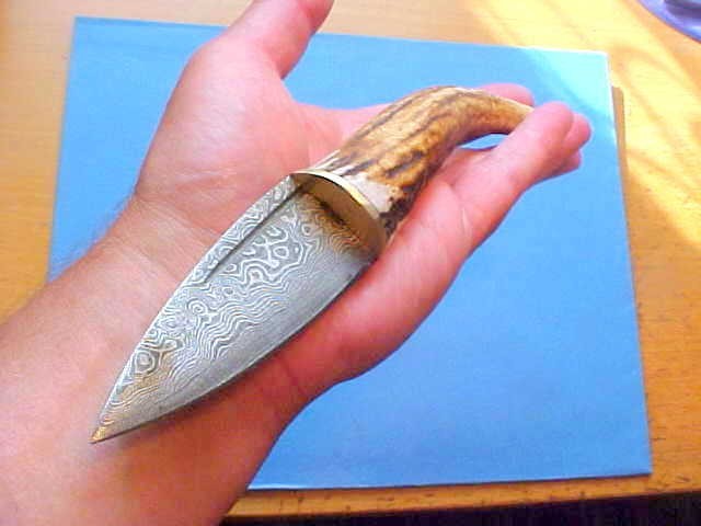 CUSTOM SCOTTISH TRADITIONAL SGIAN DUBH SOCK KNIFE DAMASCUS STAG LEATHER SHEATH