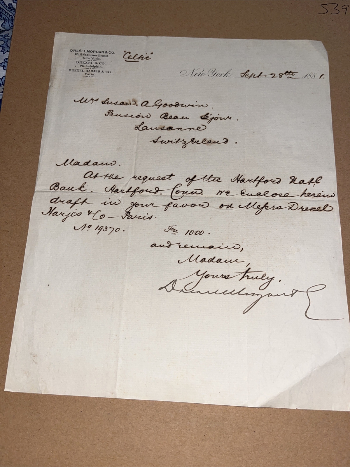 Antique 1881 Letter to Susan Goodwin Hartford CT Family - Hartford National Bank
