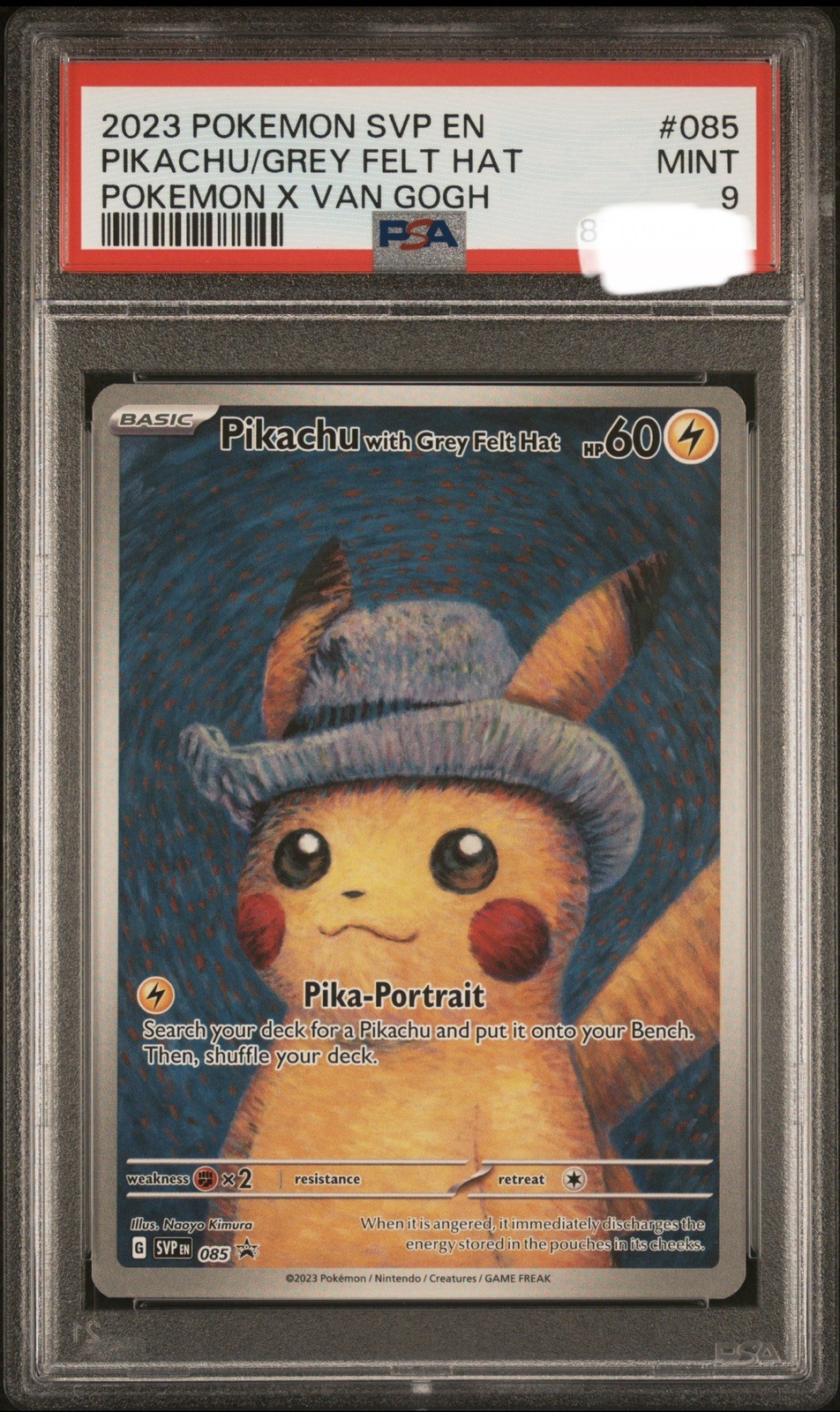 Pokemon Card Pikachu with a Grey Felt Hat #085 Van Gogh Museum PSA 9 Mint