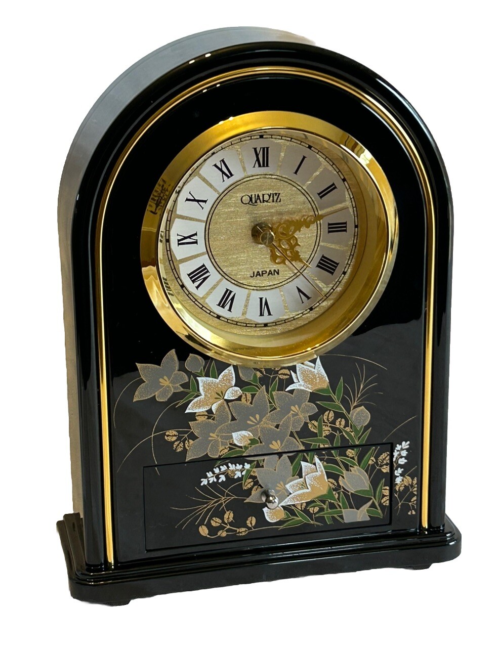VTG 80s ASAhi Japan Oriental Style Quartz Shelf Desk Clock w/Drawer  Black WORKS