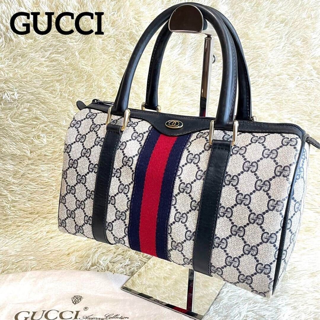 Authentic GUCCI Sherry Line Hand Bag GG PVC Leather Navy 20*32*13cm