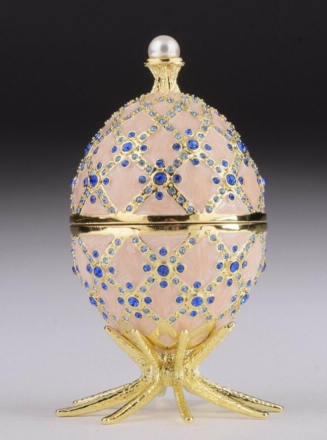 White Faberge Egg Trinket Box & Clock Handmade by Keren Kopal Austrian Crystals
