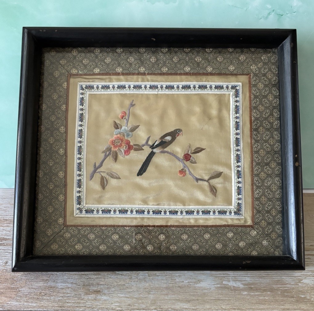Vintage Framed Asian Silk Embroidery Bird Floral Panel Wall Art Decor