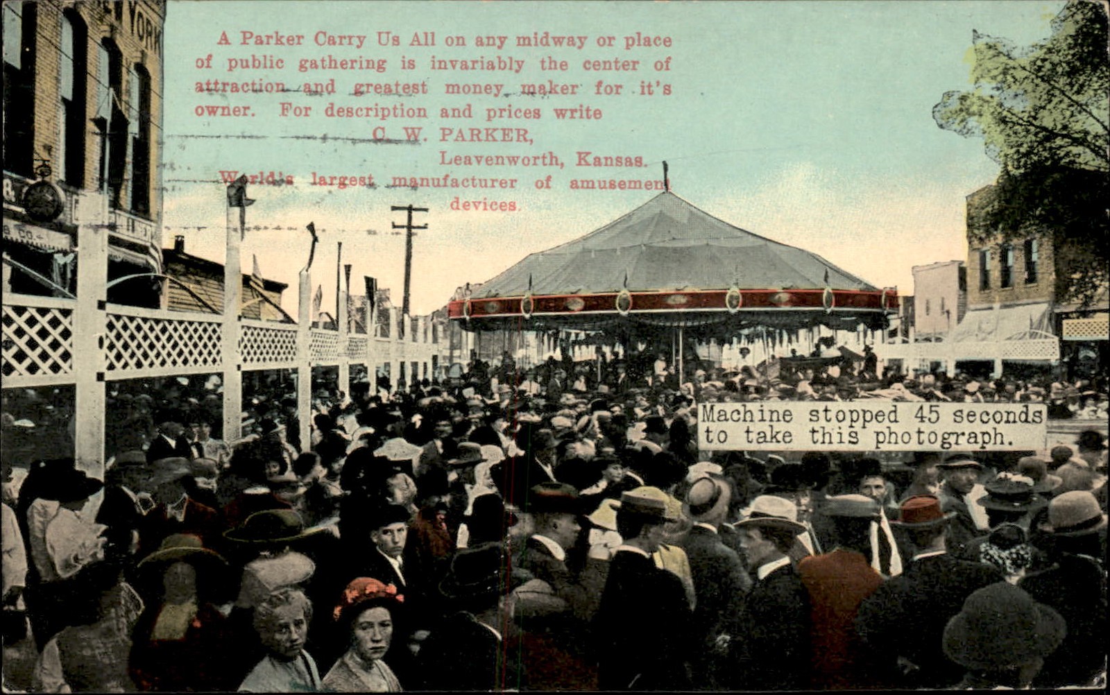 Leavenworth KS Amusement Rides Carousel C.W. Parker c1910s Vintage Postcard bhn