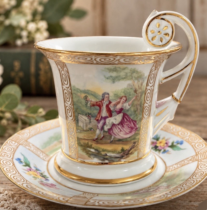 Vintage Porcelain Cup & Saucer Courting Couple Gold Gilt Ornate Pierced Handle