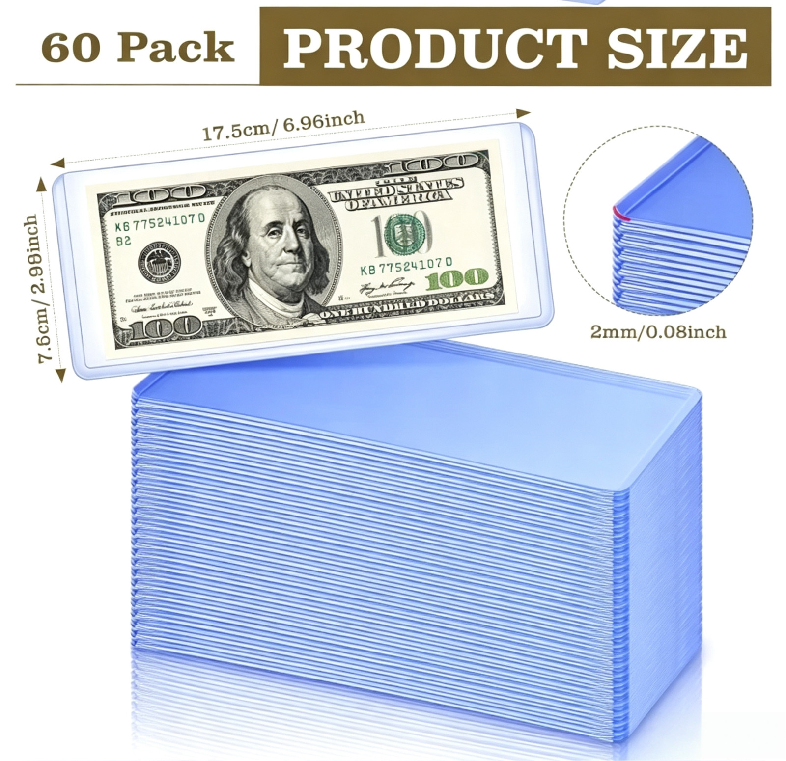 60 pack Money bag storage protectworld/us currency banknotes clear hard clip