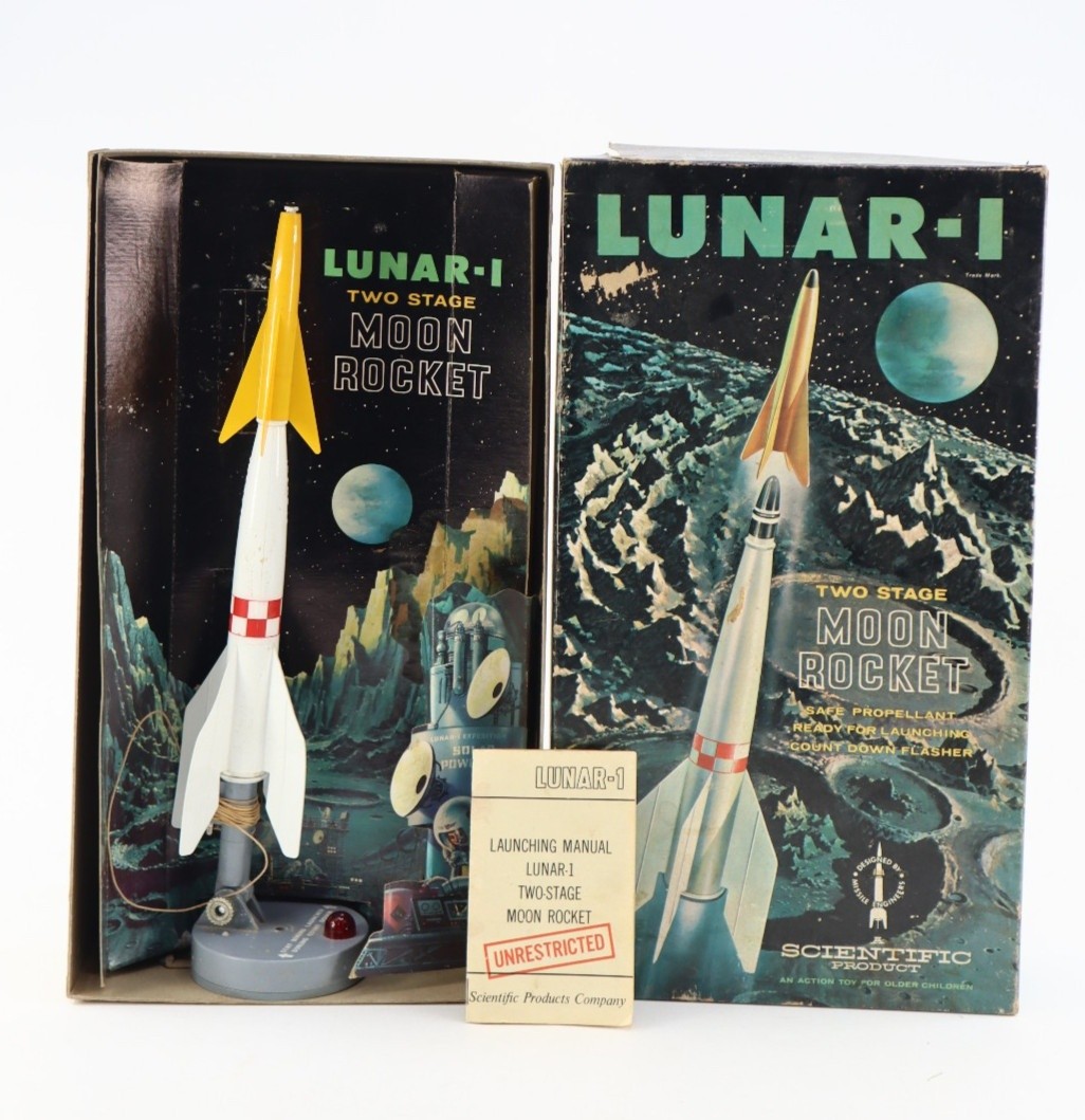 Vtg 1958 Scientific Products Lunar 1 Moon Rocket Set Two Stage Astronaut
