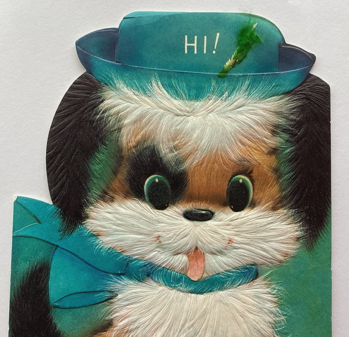 Vintage Happy Birthday Card CUTE PUPPY DOG WEARING HAT Embossed Die Cut