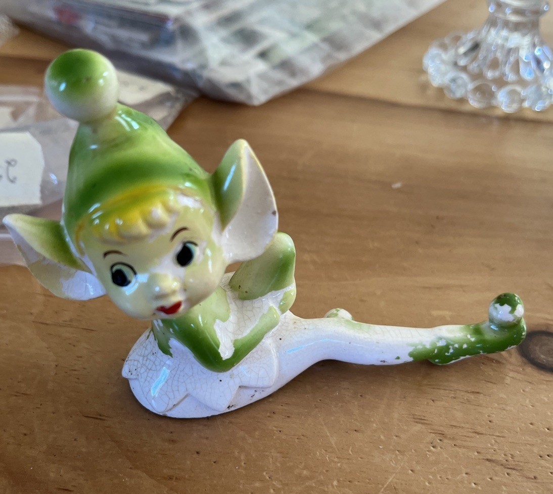 Vintage Tumbling Pixie Elves Green White Ceramic Christmas Figurines READ