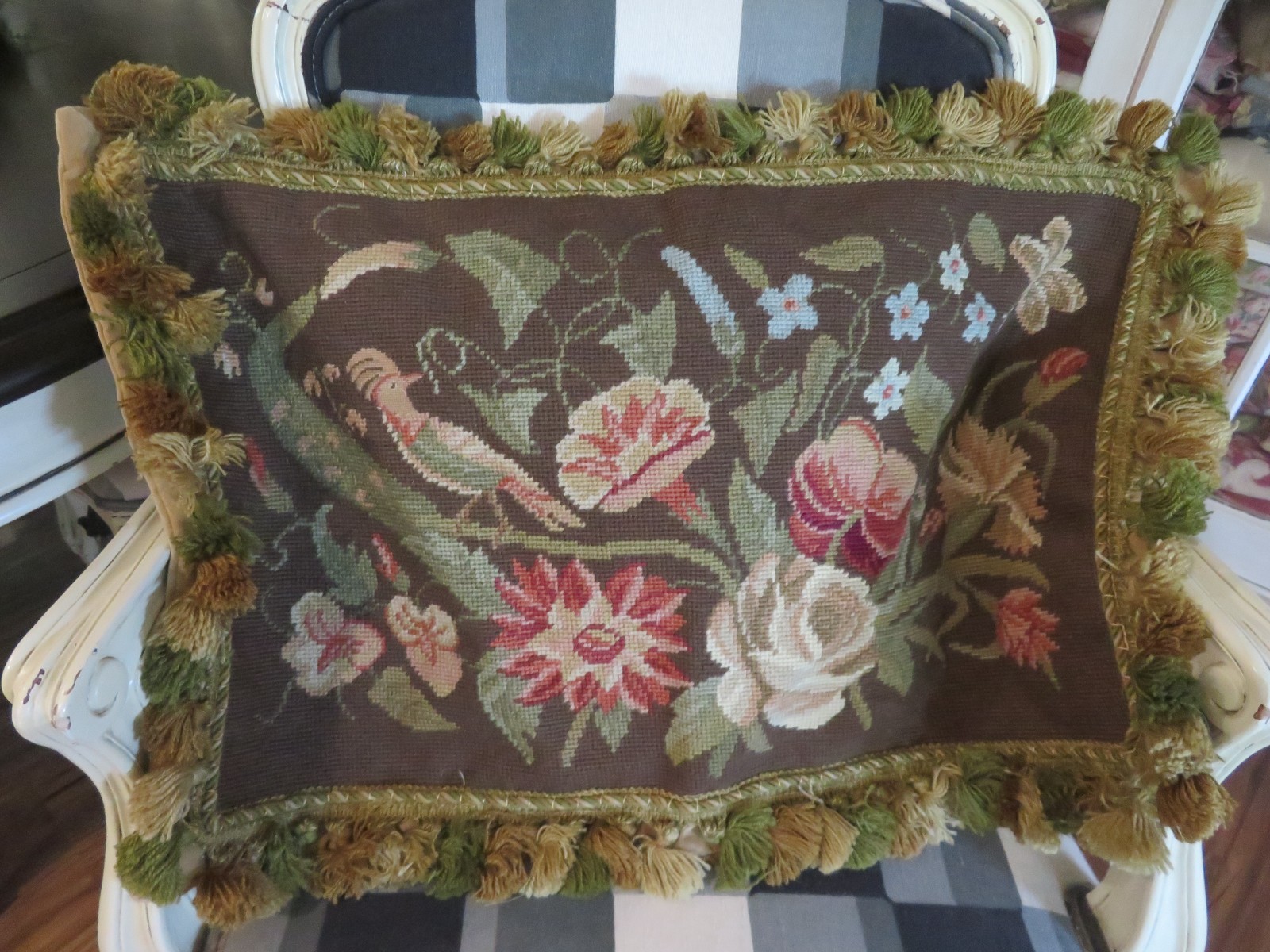French Aubusson style Exotic Bird w Butterfly on Brown Needlepoint Pillow NWOT