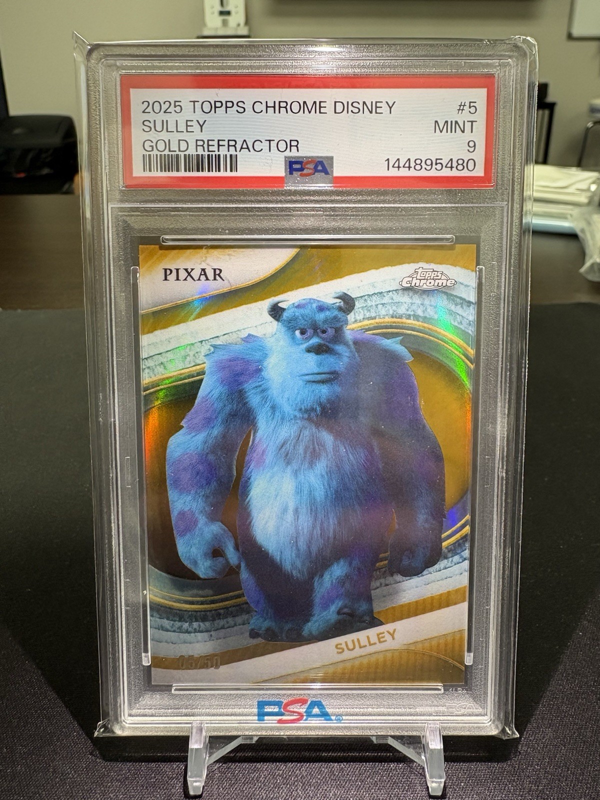 2025 Topps Chrome Disney Sulley True Gold Refractor /50 Monsters Inc PSA 9