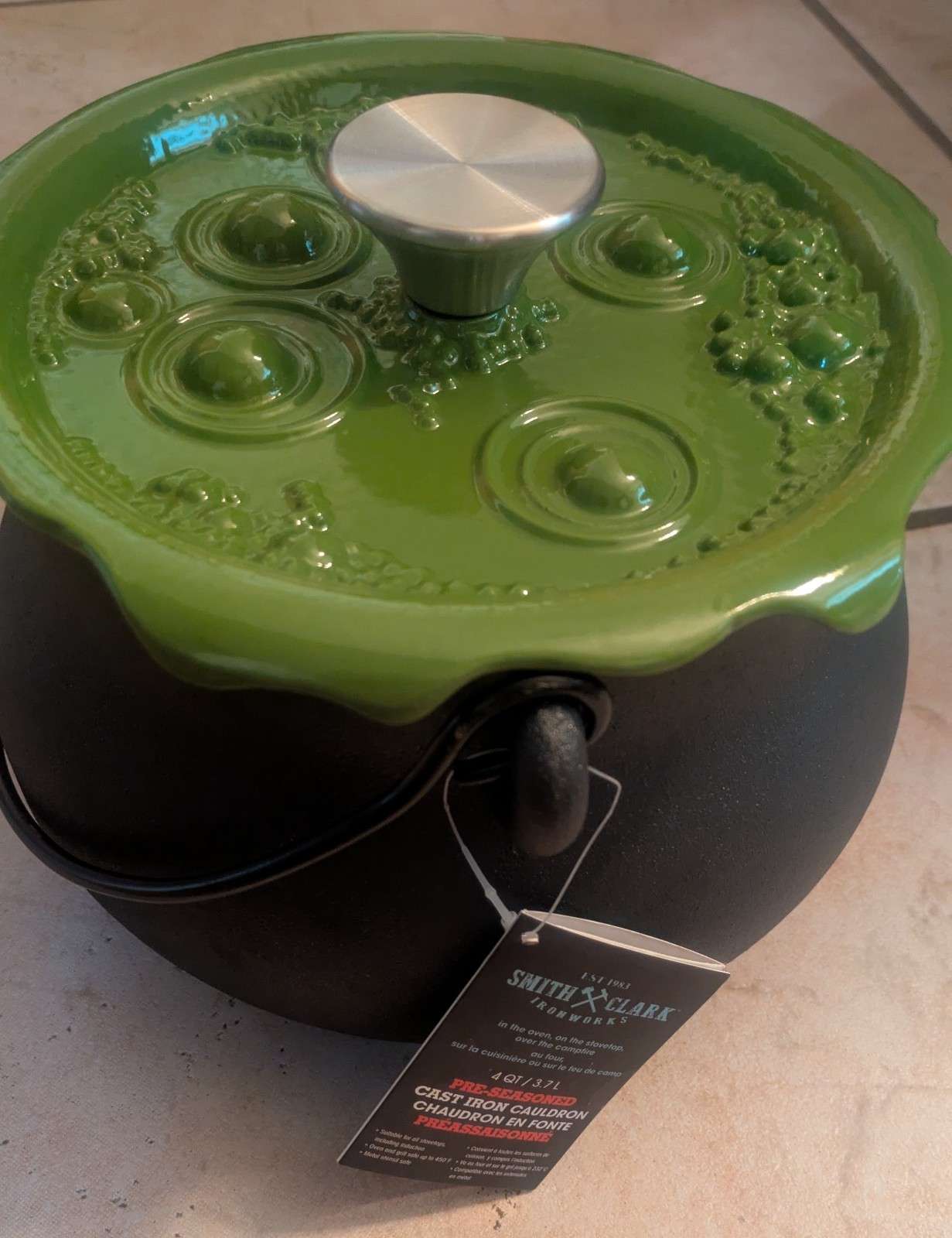 Smith & Clark Ironworks 4 Qt Cast Iron Witch’s Cauldron Green Bubbling Lid