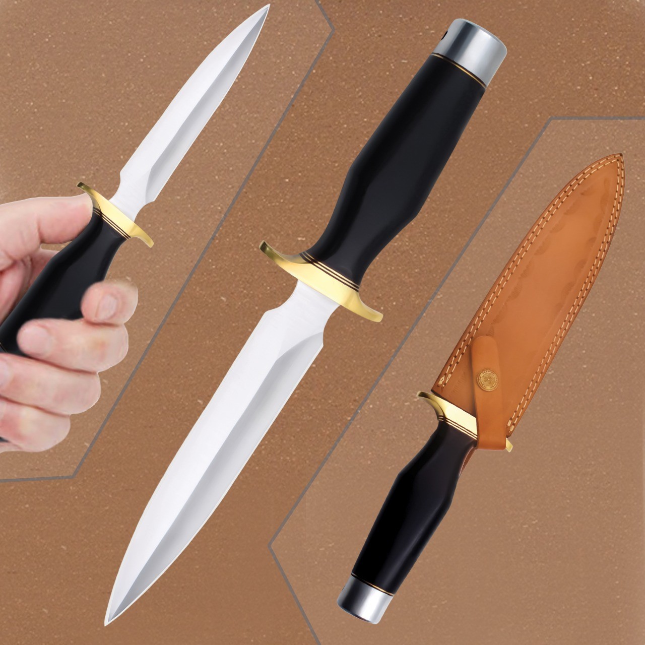 2xHandmade D2 Steel Bowie-Style Hunting Knife with Leather Sheath/DCB014